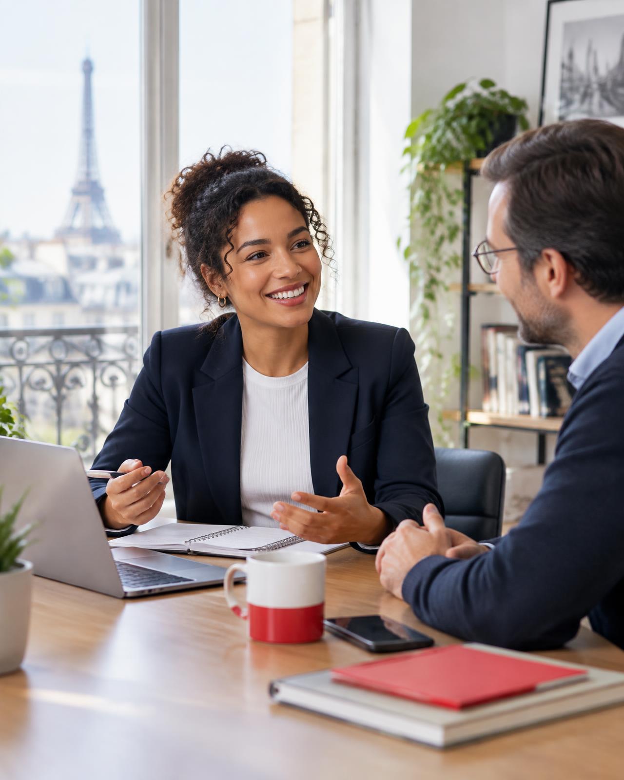 Une apprenante échange en français avec un accompagnateur dans un cadre professionnel